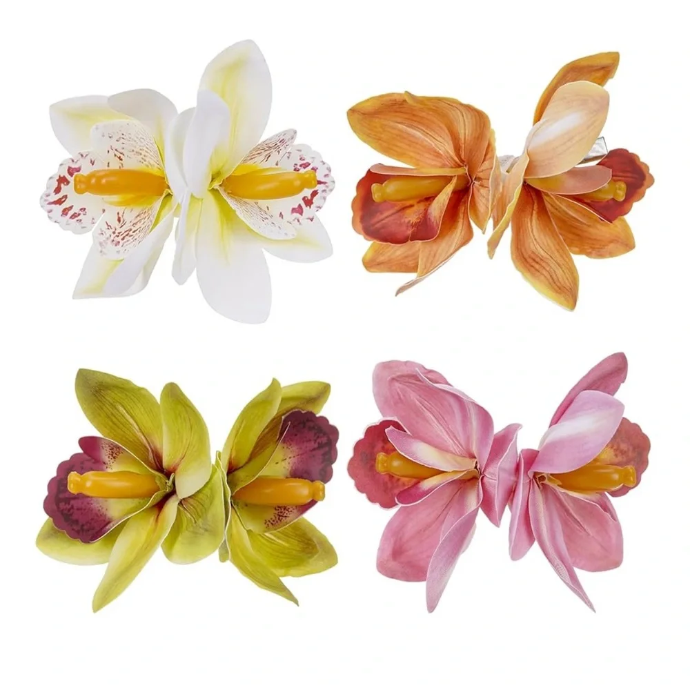 🆕 Tropical Hawaiian Flower Hair Clips - 4 Pack Artificial Hawaii Orchid Hairpin